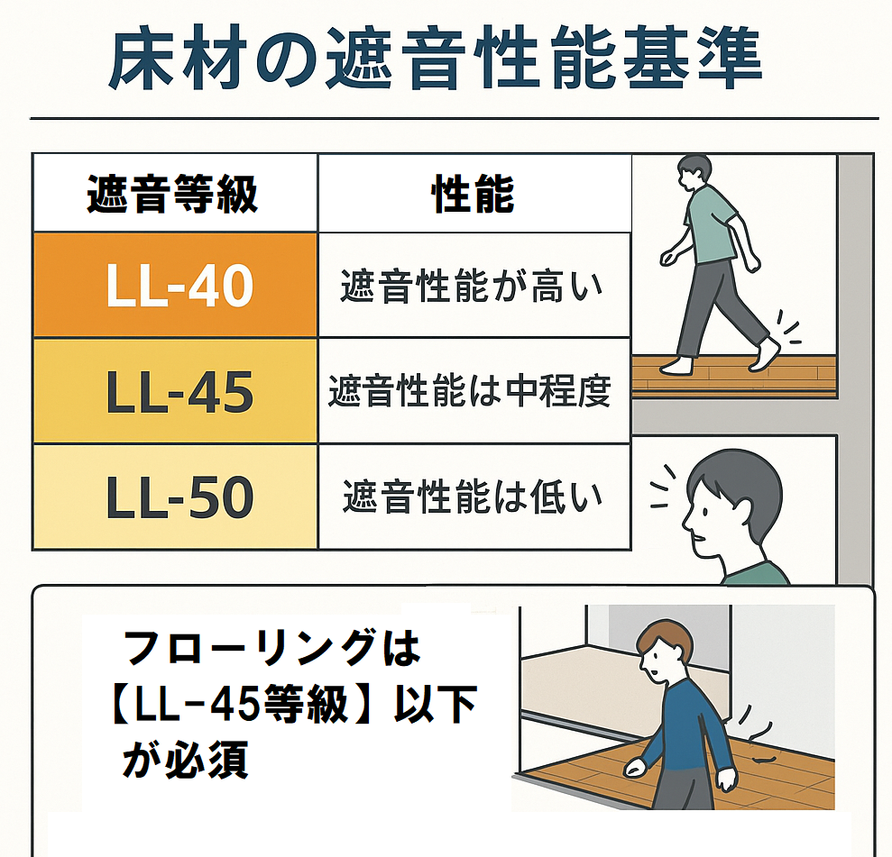 床材の遮音性能等級LL-45以下を推奨する図解